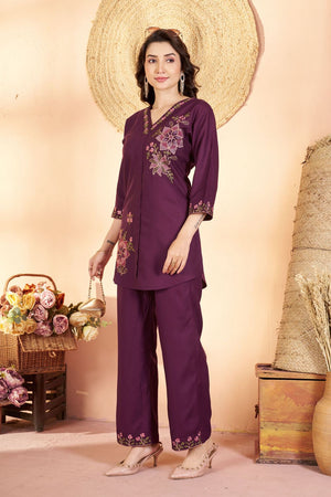 Wine Floral Embroidered Rayon Co-Ord Set (ACB2428)