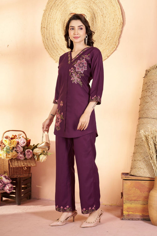 Wine Floral Embroidered Rayon Co-Ord Set (ACB2428)