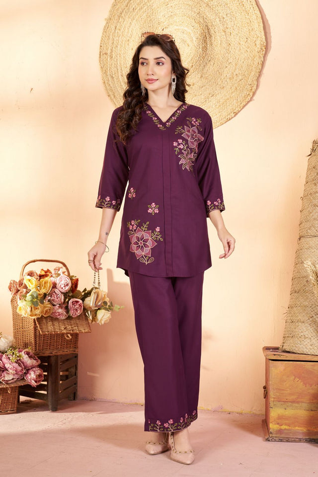 Wine Floral Embroidered Rayon Co-Ord Set (ACB2428)