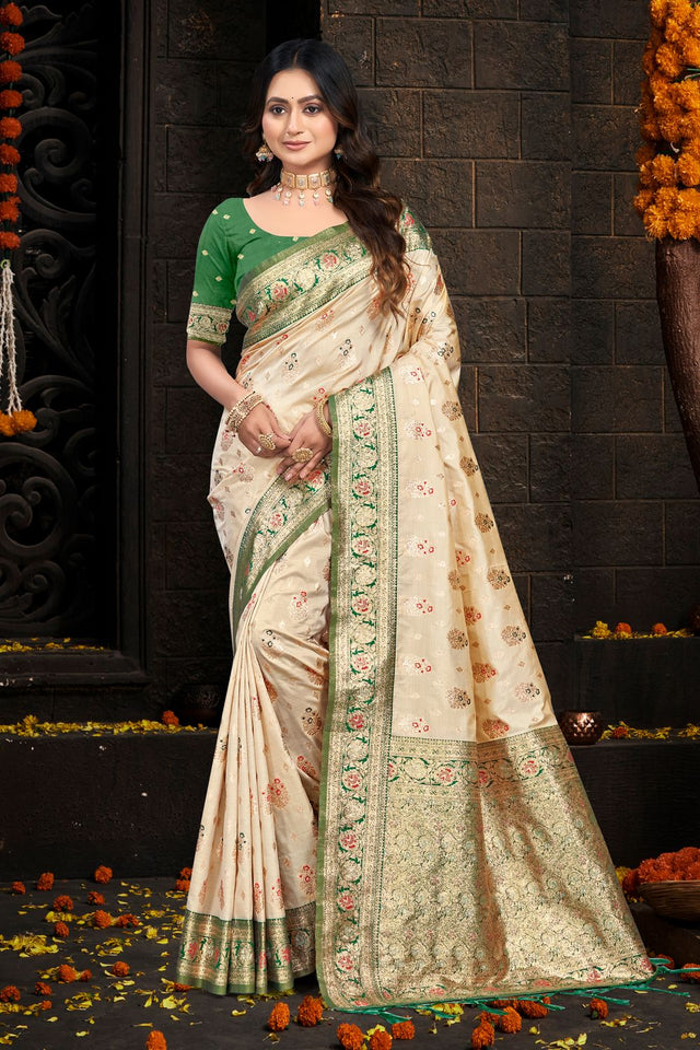 Cream Floral Woven Silk Saree (ACB2429)