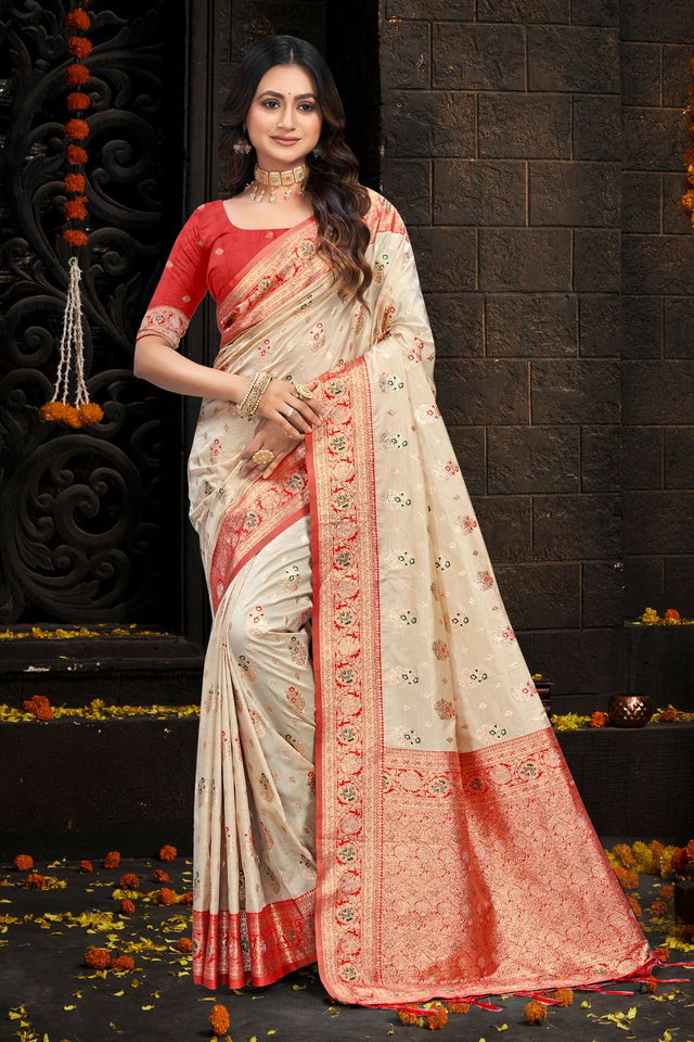 Cream Floral Woven Silk Saree (ACB2430)