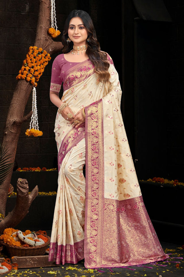 Cream Floral Woven Silk Saree (ACB2432)