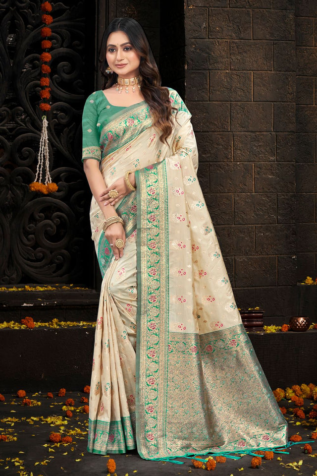 Cream Floral Woven Silk Saree (ACB2433)