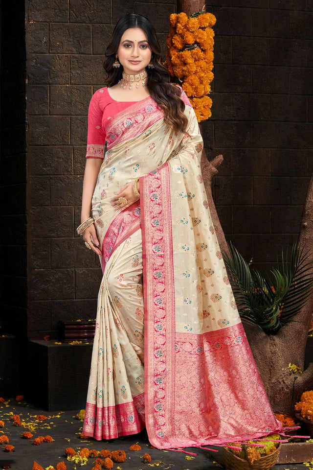 Cream Floral Woven Silk Saree (ACB2434)