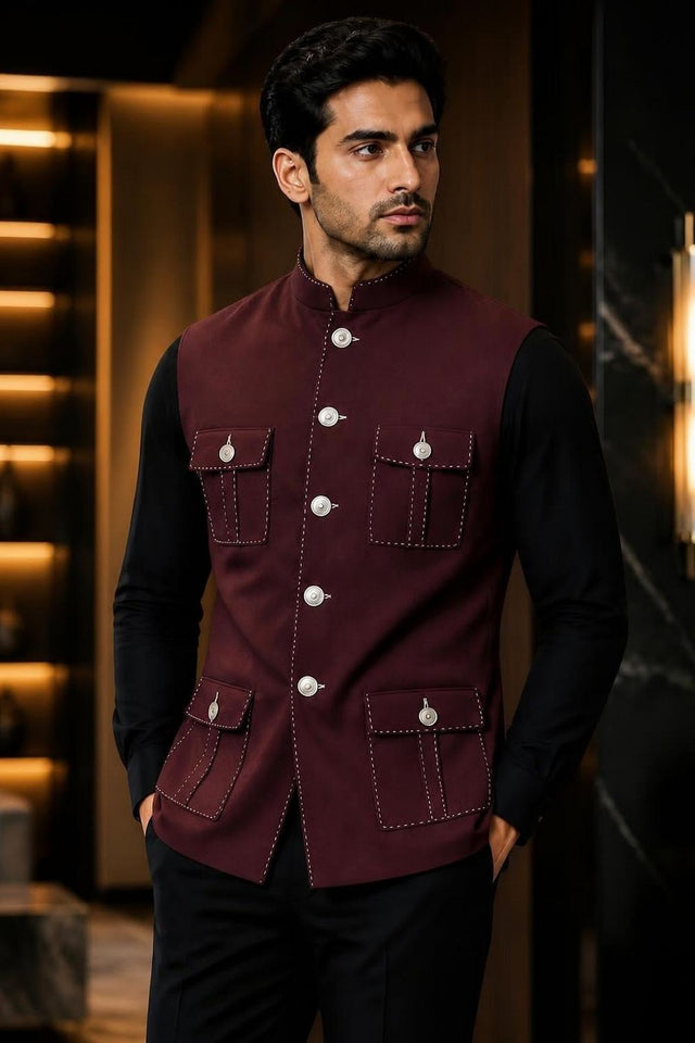 Mens Maroon Solid Silk Koti (Jacket Only) (ACB2435)