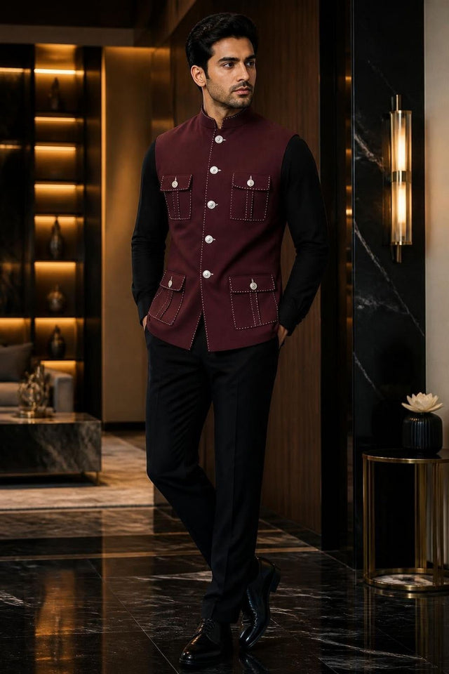 Mens Maroon Solid Silk Koti (Jacket Only) (ACB2435)