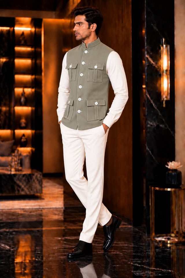 Mens Green Solid Silk Koti (Jacket Only) (ACB2438)