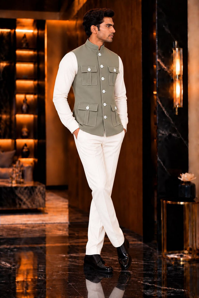 Mens Green Solid Silk Koti (Jacket Only) (ACB2438)