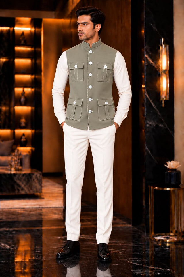 Mens Green Solid Silk Koti (Jacket Only) (ACB2438)