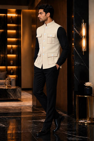 Mens Cream Solid Silk Koti (Jacket Only) (ACB2440)