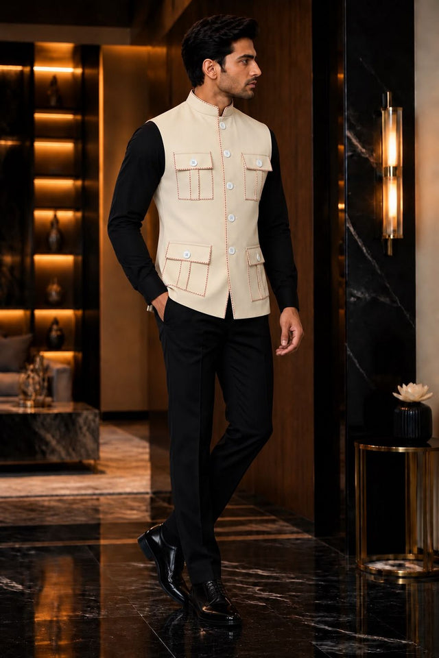 Mens Cream Solid Silk Koti (Jacket Only) (ACB2440)
