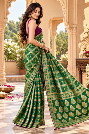 Green Zari Woven with Bandhani Print Satin Silk Saree (ACB2441)