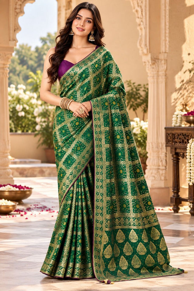 Green Zari Woven with Bandhani Print Satin Silk Saree (ACB2441)