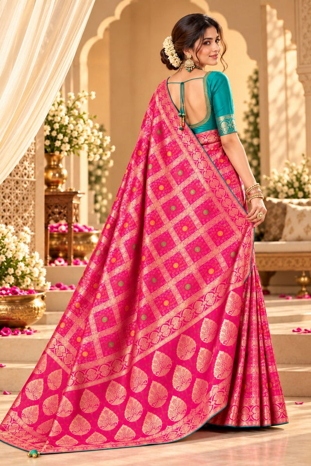Pink Zari Woven with Bandhani Print Satin Silk Saree (ACB2442)