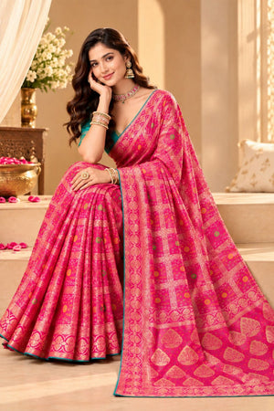 Pink Zari Woven with Bandhani Print Satin Silk Saree (ACB2442)