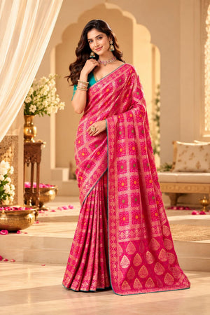 Pink Zari Woven with Bandhani Print Satin Silk Saree (ACB2442)