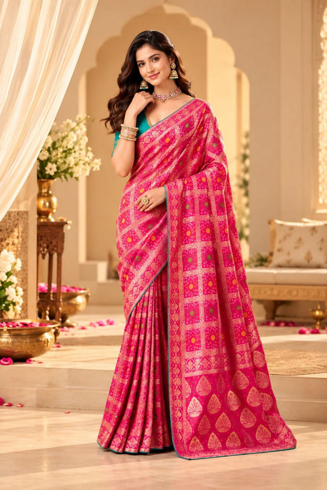 Pink Zari Woven with Bandhani Print Satin Silk Saree (ACB2442)