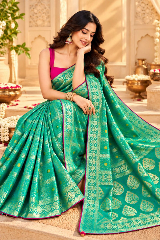 Turquoise Zari Woven with Bandhani Print Satin Silk Saree (ACB2443)