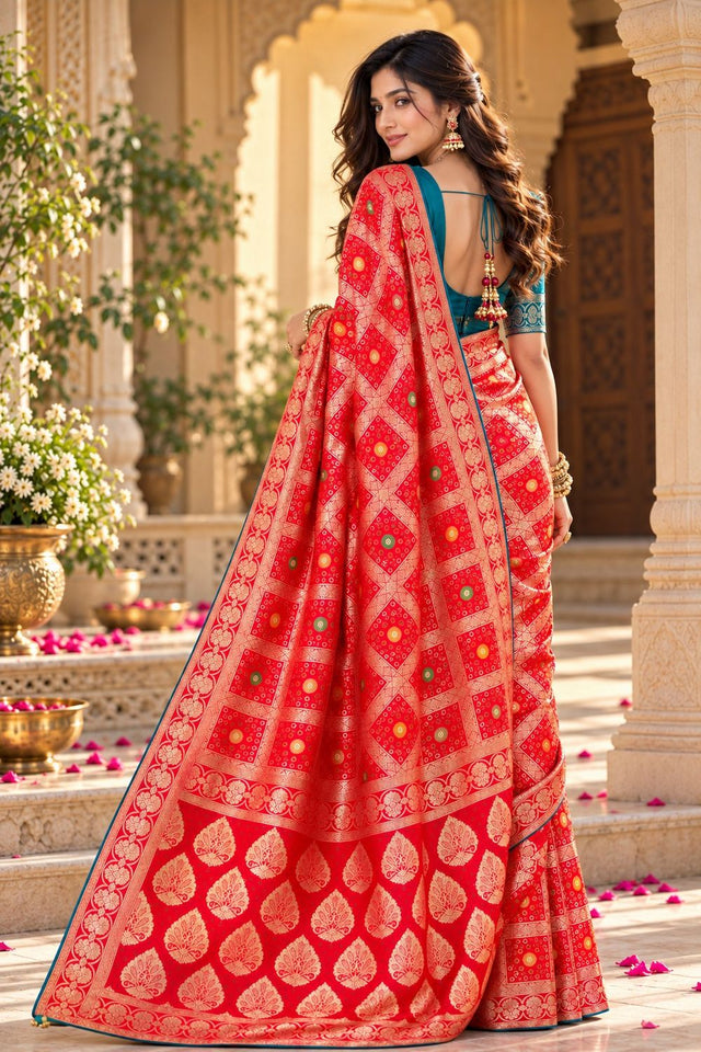 Red Zari Woven with Bandhani Print Satin Silk Saree (ACB2444)