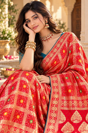 Red Zari Woven with Bandhani Print Satin Silk Saree (ACB2444)