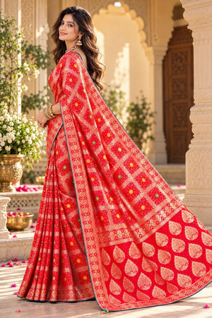 Red Zari Woven with Bandhani Print Satin Silk Saree (ACB2444)