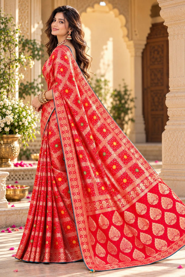 Red Zari Woven with Bandhani Print Satin Silk Saree (ACB2444)