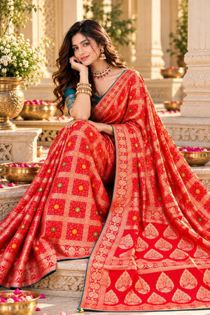 Red Zari Woven with Bandhani Print Satin Silk Saree (ACB2444)
