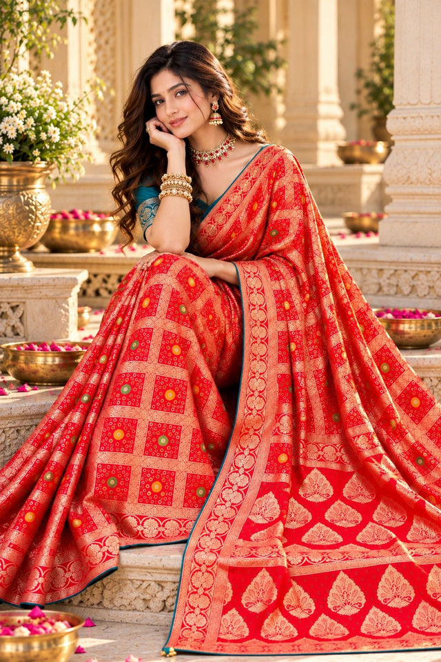 Red Zari Woven with Bandhani Print Satin Silk Saree (ACB2444)