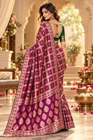 Wine Zari Woven with Bandhani Print Satin Silk Saree (ACB2445)