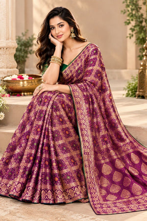 Wine Zari Woven with Bandhani Print Satin Silk Saree (ACB2445)