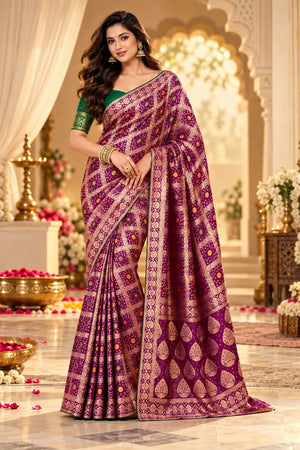 Wine Zari Woven with Bandhani Print Satin Silk Saree (ACB2445)