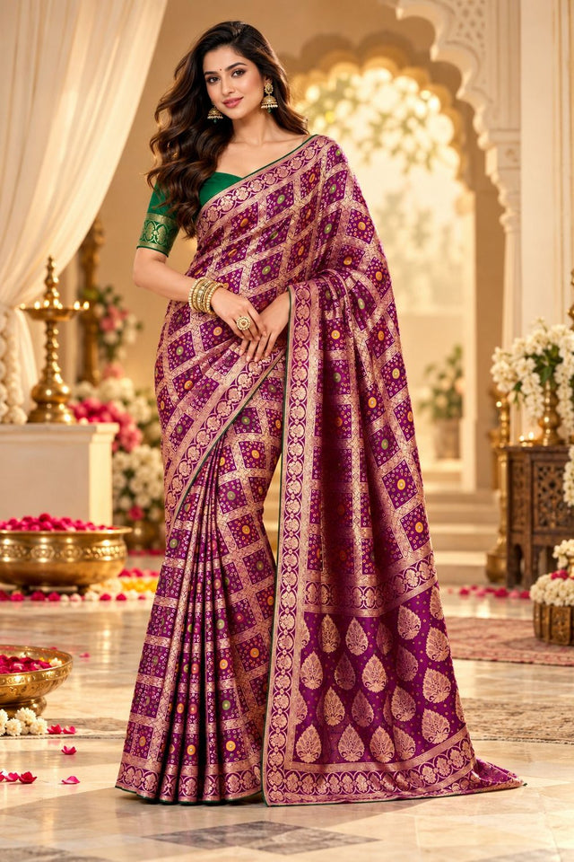 Wine Zari Woven with Bandhani Print Satin Silk Saree (ACB2445)