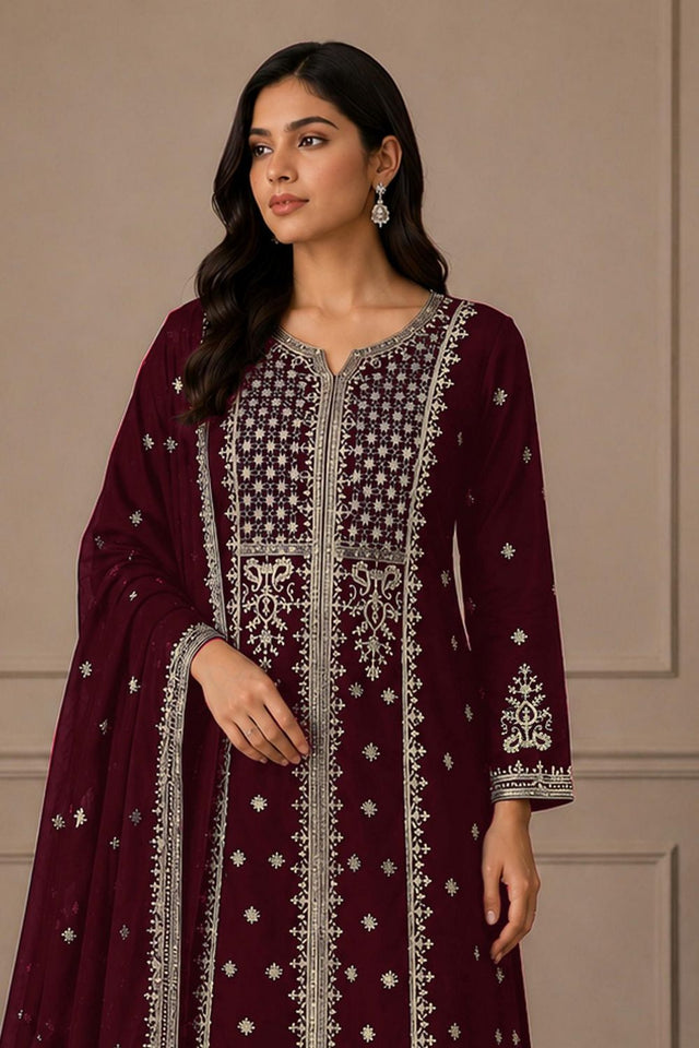 Maroon Embroidered Georgette Palazzo Suit (ACB2447)