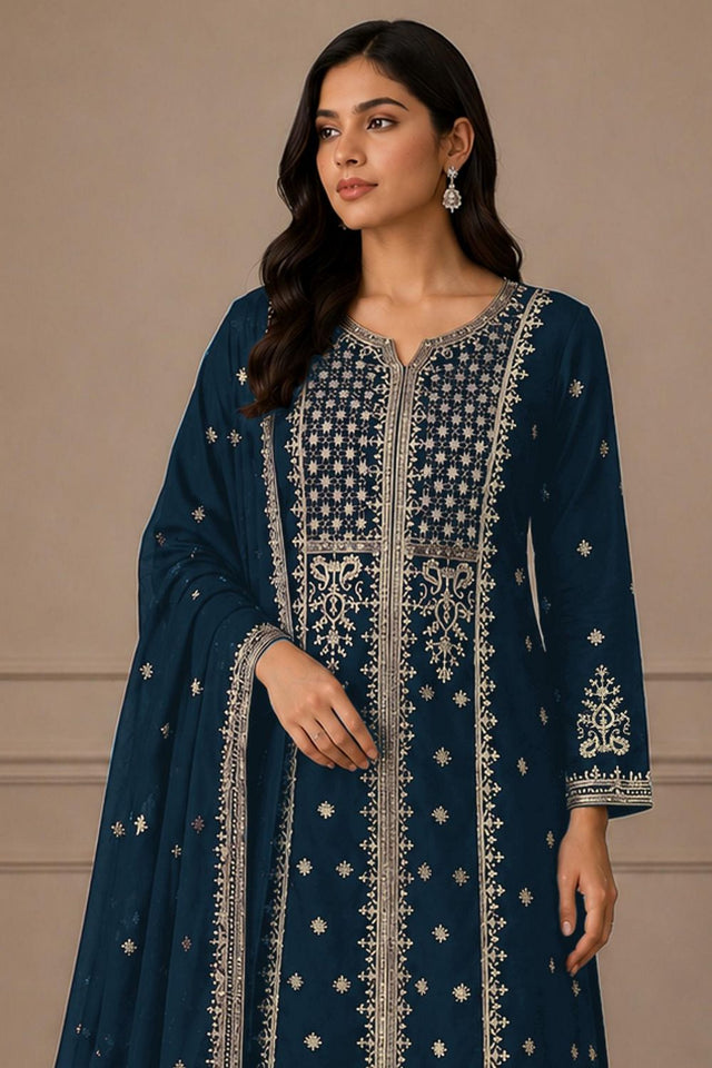 Turquoise Embroidered Georgette Palazzo Suit (ACB2448)
