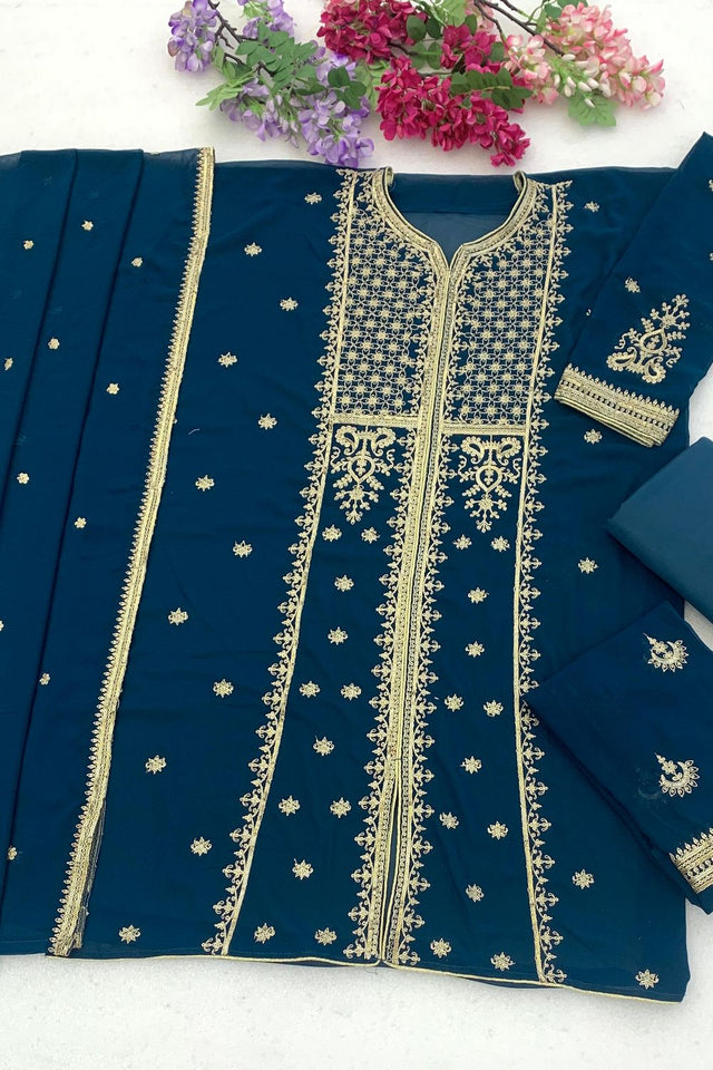 Turquoise Embroidered Georgette Palazzo Suit (ACB2448)
