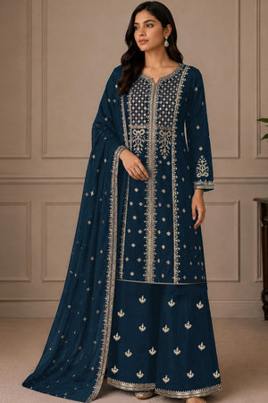Turquoise Embroidered Georgette Palazzo Suit (ACB2448)