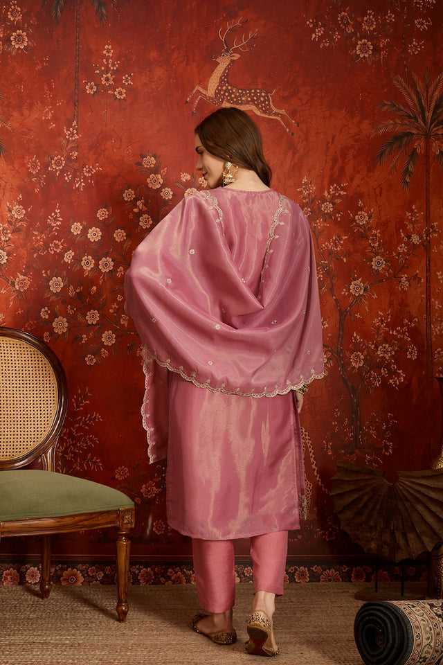 Pink Embroidered Silk Straight Cut Suits (ACB2450)