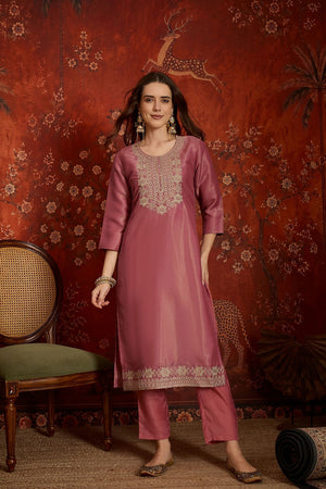 Pink Embroidered Silk Straight Cut Suits (ACB2450)
