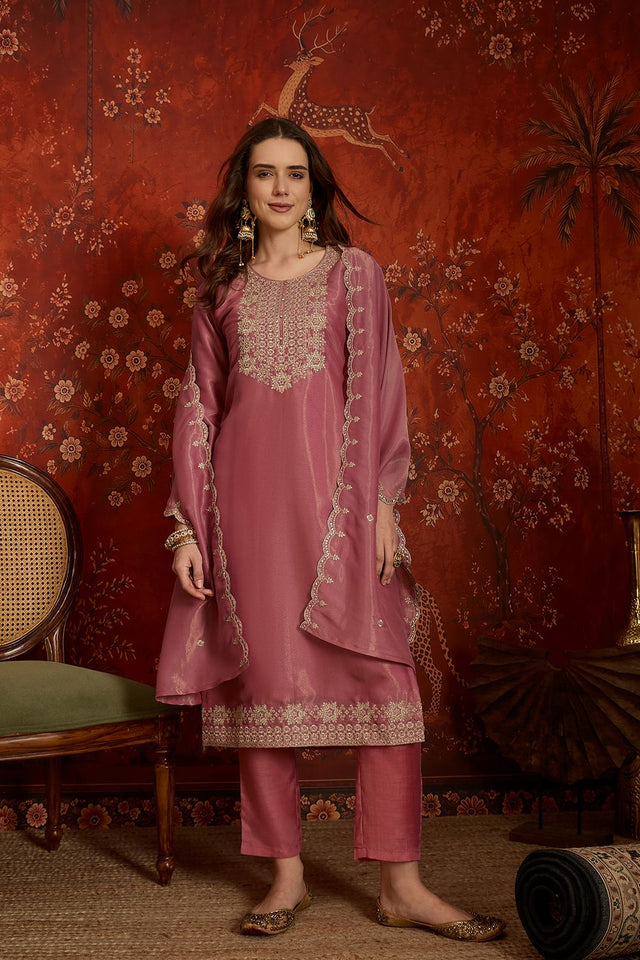 Pink Embroidered Silk Straight Cut Suits (ACB2450)