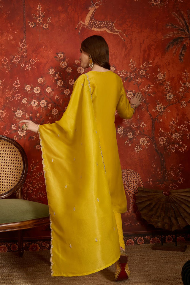 Yellow Embroidered Silk Straight Cut Suits (ACB2451)