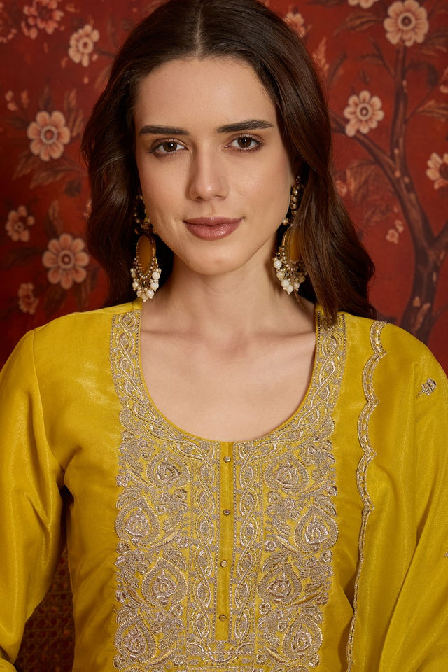 Yellow Embroidered Silk Straight Cut Suits (ACB2451)