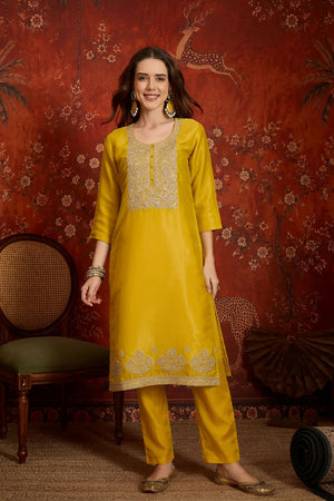 Yellow Embroidered Silk Straight Cut Suits (ACB2451)