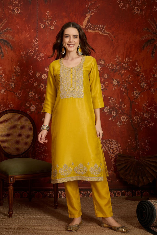 Yellow Embroidered Silk Straight Cut Suits (ACB2451)