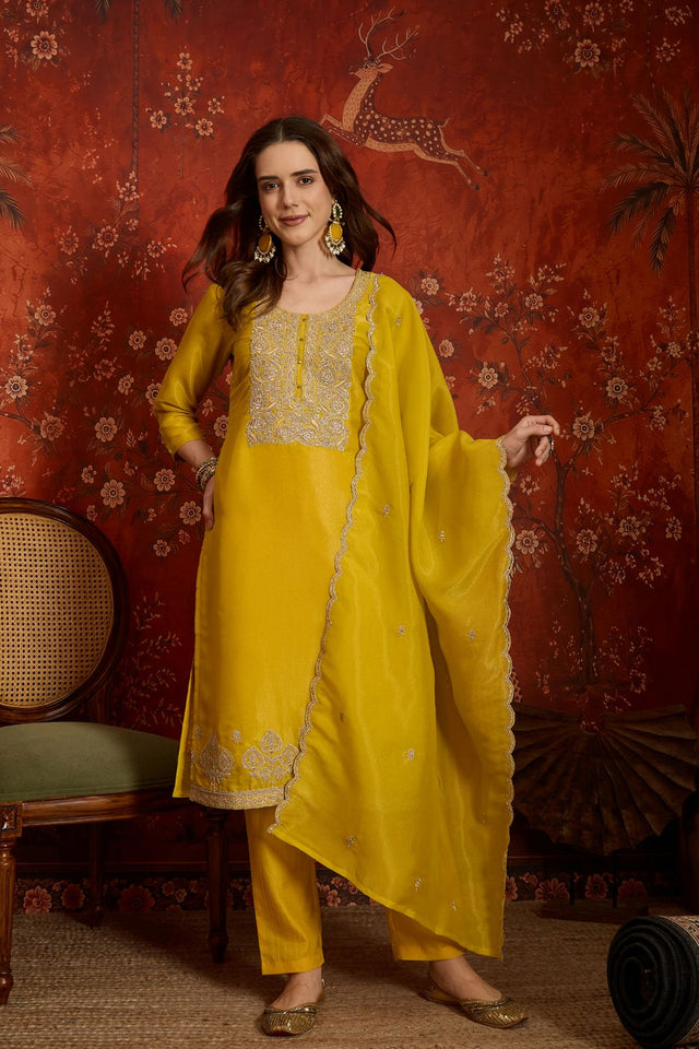 Yellow Embroidered Silk Straight Cut Suits (ACB2451)