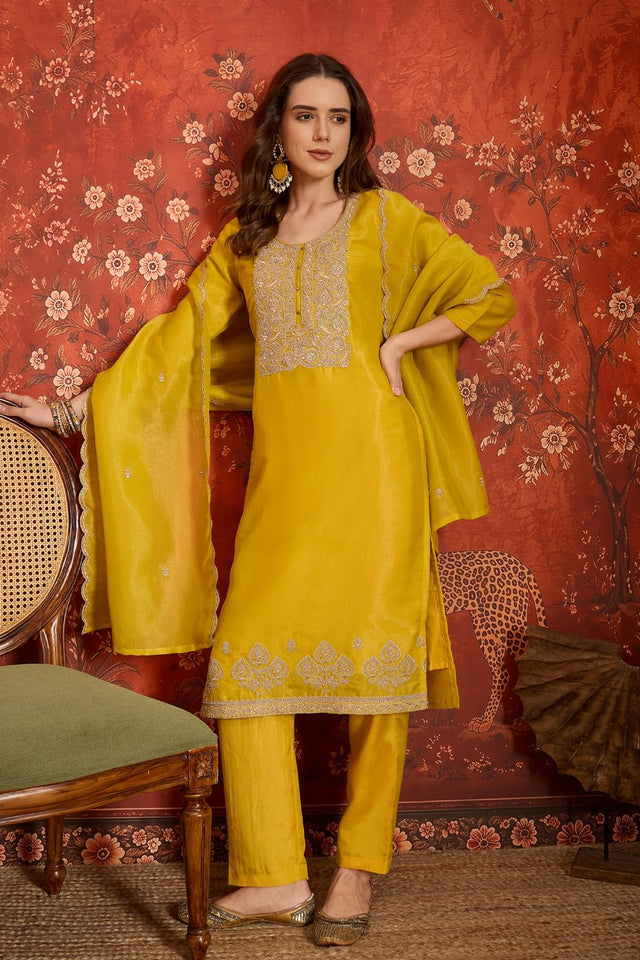 Yellow Embroidered Silk Straight Cut Suits (ACB2451)