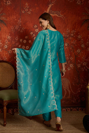 Turquoise Embroidered Silk Straight Cut Suits (ACB2452)