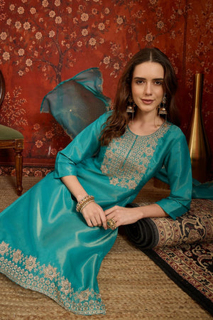 Turquoise Embroidered Silk Straight Cut Suits (ACB2452)