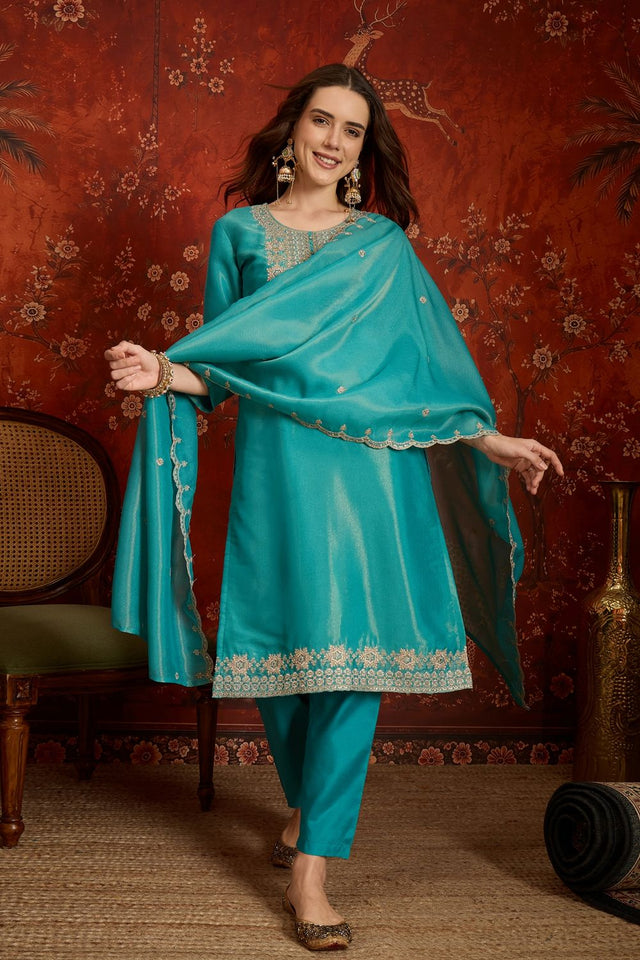 Turquoise Embroidered Silk Straight Cut Suits (ACB2452)