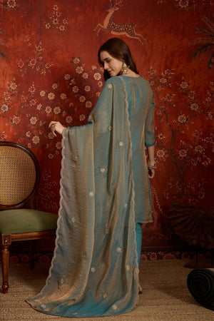 Blue Floral Embroidered Silk Straight Cut Suits (ACB2453)