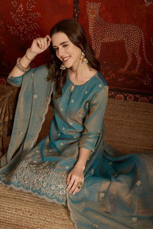 Blue Floral Embroidered Silk Straight Cut Suits (ACB2453)